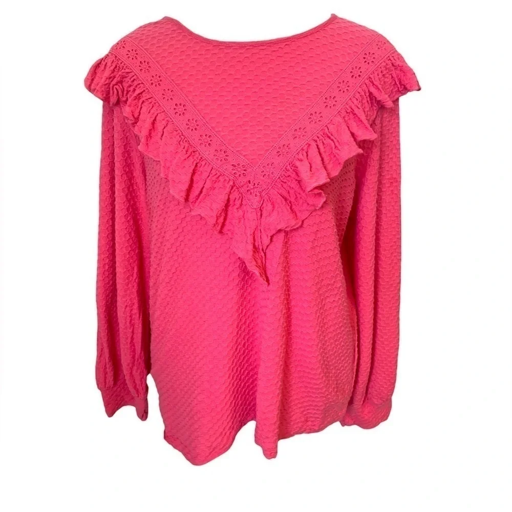 J. Crew Pink Ruffle Trim Honeycomb Knit Top Size Small